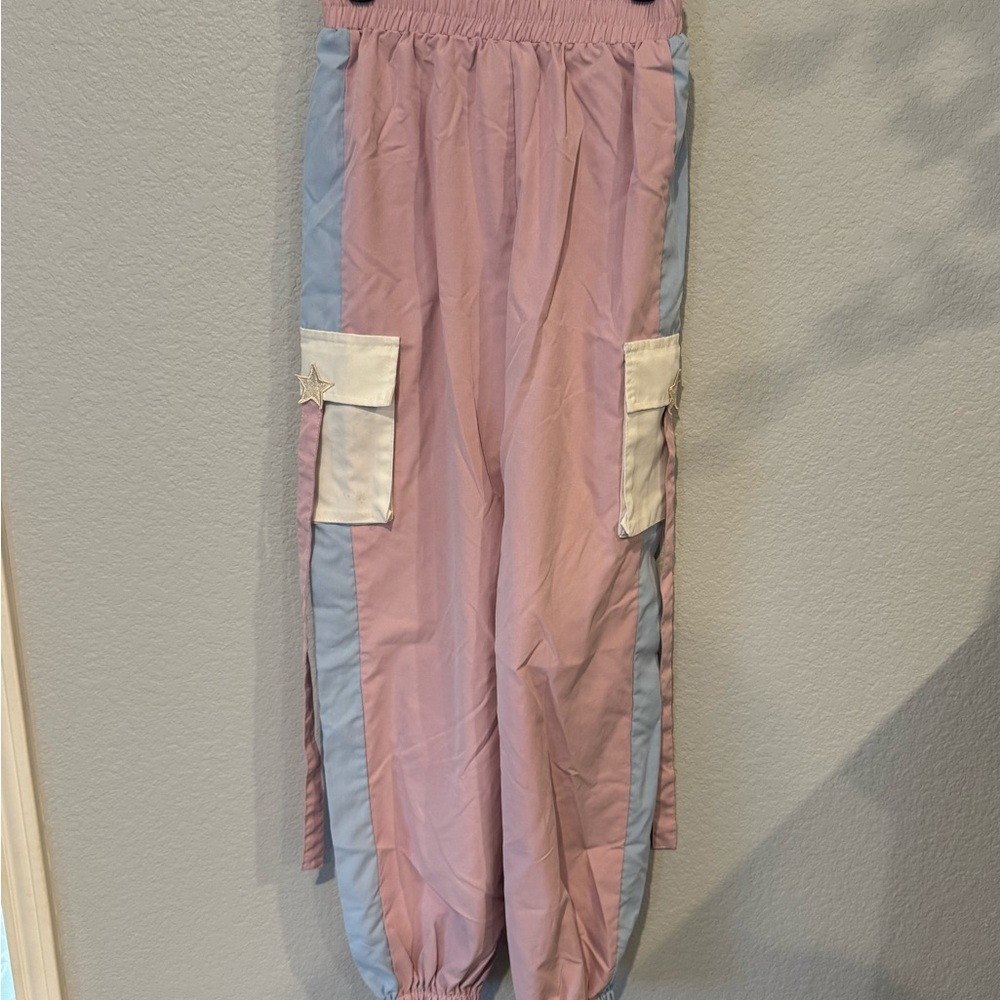 ROMWE Pink and Blue Track Pants with Elastic Waistband